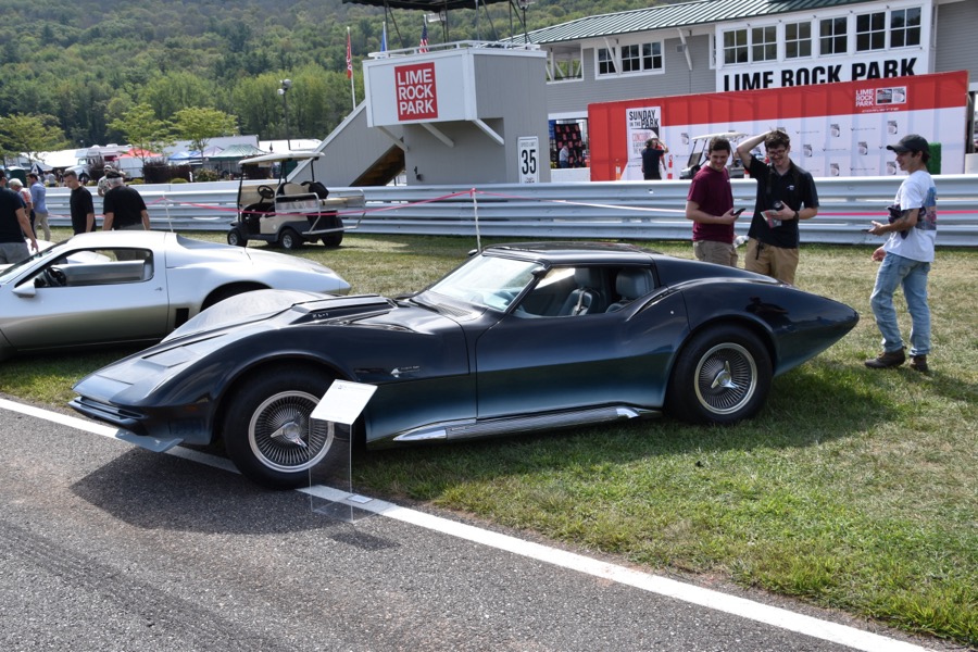 The 1969 Corvette Manta Ray show car, low and silver with a long tapering tail